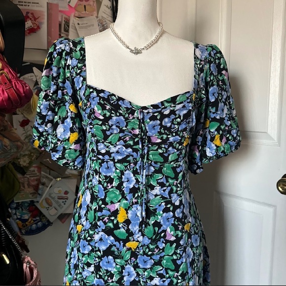 Astr Blue and Green Puff Sleeve Mini Dress Medium - Picture 3 of 5